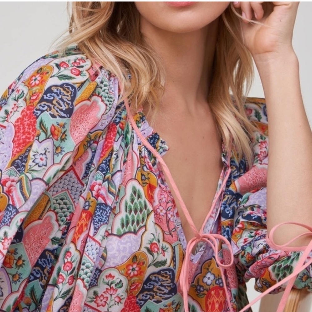 RHODE Resort Abstract Patterned Multi Color Tie Collar Bohemian Patchwork Top - Picture 6 of 9
